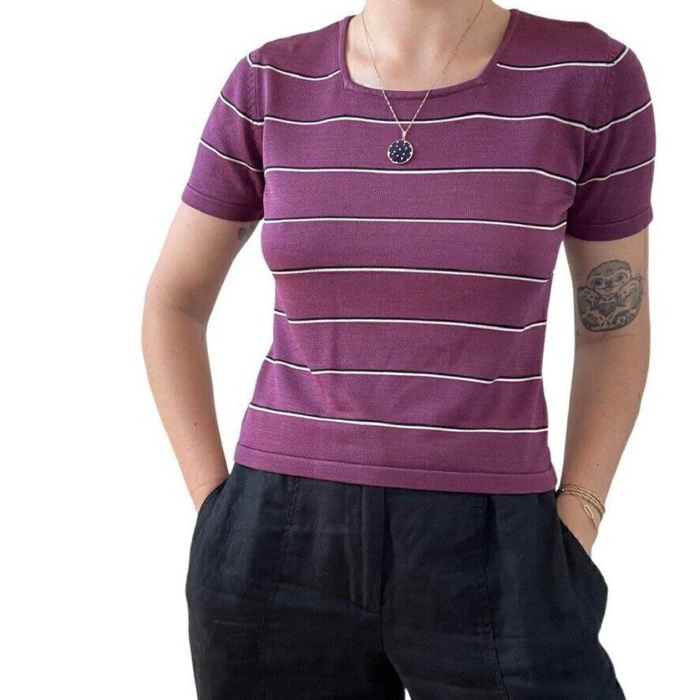 Vintage 1990s Womens 100% Silk Burgundy Striped Square Neck Tee Shirt Sz M